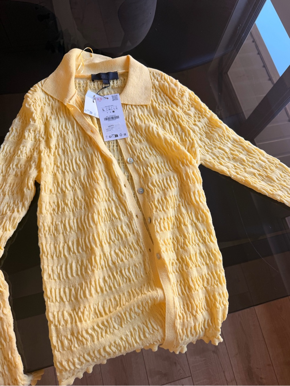 Zara Pale Yellow Textured Button-Front Cardigan